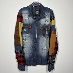 Heritage America Men 2XL Denim Jacket Grunge Flannel Patch Distressed Streetwear